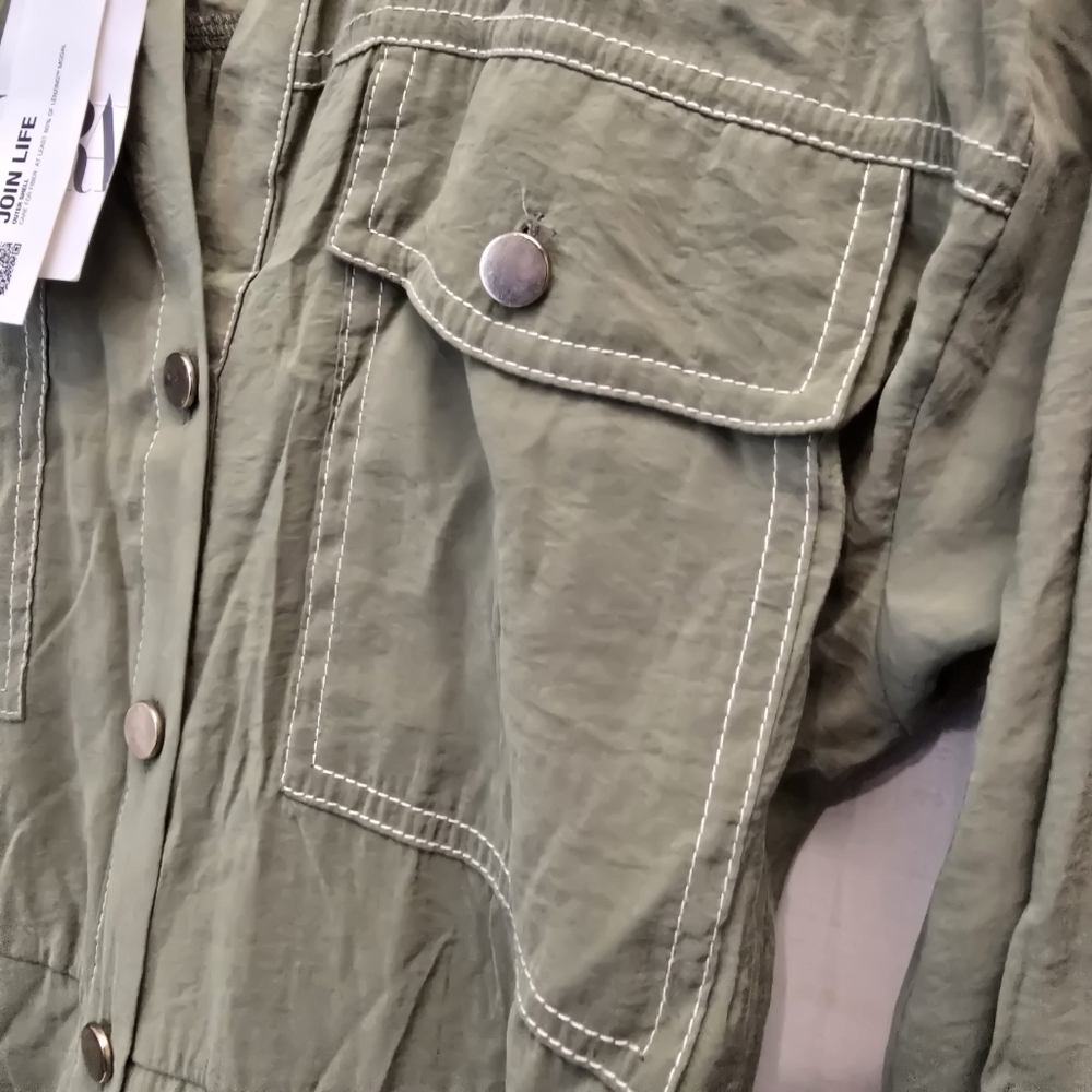 {XS} NWT (NO BELT) Zara Olive Green Modal Long Sleeve Constrat Stitch Jumpsuit - Picture 6 of 9